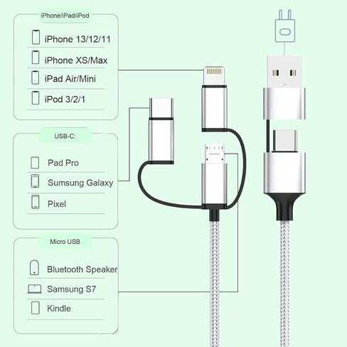MTAKYI Multi 5 in 1 Universal USB Charging Cable,3M/10FT USB A/Type C to Lightning+Type C+Micro USB Nylon Braided Sync Charger Cord Adapter for Android/iPhone13/iOS/Samsung/Huawei/LG- for Car in Kuwait
