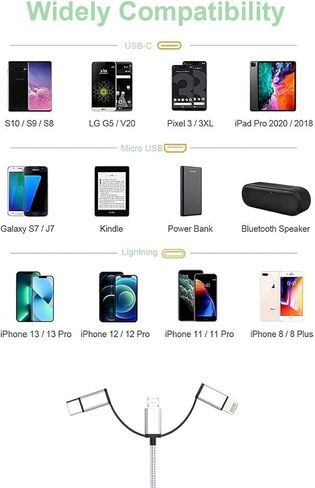 MTAKYI Multi 5 in 1 Universal USB Charging Cable,3M/10FT USB A/Type C to Lightning+Type C+Micro USB Nylon Braided Sync Charger Cord Adapter for Android/iPhone13/iOS/Samsung/Huawei/LG- for Car in Kuwait