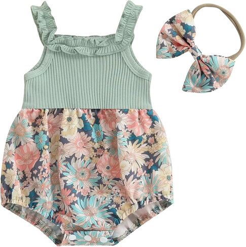 Fernvia Newborn Baby Girl Summer Clothes 3 6 12 18 Months Knit Floral Sleeveless Strap Romper Bodysuit Jumpsuit in Saudi Arabia
