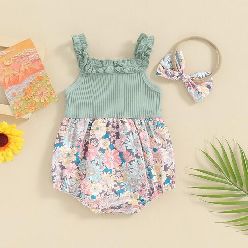 Fernvia Newborn Baby Girl Summer Clothes 3 6 12 18 Months Knit Floral Sleeveless Strap Romper Bodysuit Jumpsuit in Saudi Arabia