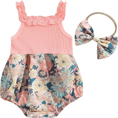Fernvia Newborn Baby Girl Summer Clothes 3 6 12 18 Months Knit Floral Sleeveless Strap Romper Bodysuit Jumpsuit in Saudi Arabia
