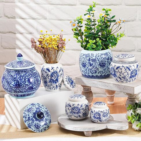 Set of 6 Small Blue and White Porcelain Vases Marble Vases Blue Chinoiserie Decor Gifts Ceramic Flower Vases Porcelain Classic Decor for Home Table Centerpieces Bookshelf(Retro) in Saudi Arabia