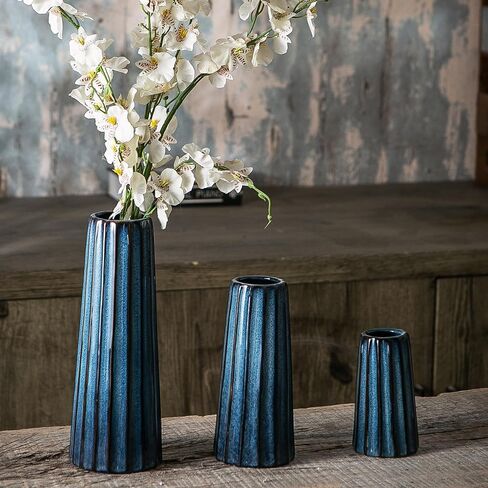 Blue Ceramic Vase Set 3, Modern Blue Vase, Farmhouse Decor, Rustic Decorative Vase for Fireplace, Entryway and Living Room, Centerpiece Table Decorations in Saudi Arabia