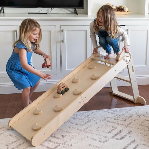 Little Partners® 2-in-1 Folding Learn 'N Slide Wooden Slide for Toddlers - Dual-Sided Toddler Indoor Slide Wooden Climber with Smooth Surface and Side with Grips, Wooden Indoor Slide (Natural) in Saudi Arabia