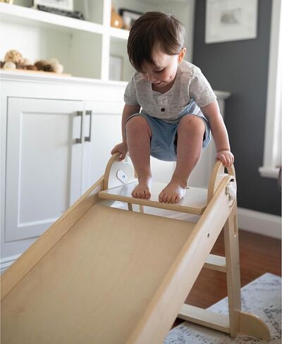 Little Partners® 2-in-1 Folding Learn 'N Slide Wooden Slide for Toddlers - Dual-Sided Toddler Indoor Slide Wooden Climber with Smooth Surface and Side with Grips, Wooden Indoor Slide (Natural) in Saudi Arabia