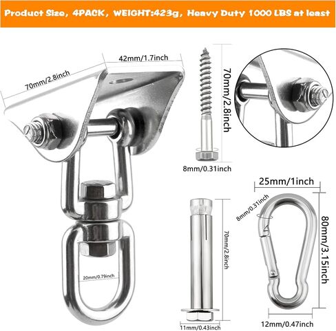 4 Pack Heavy Duty Swing Hangers 1200 LB Capacity Swing Hook Swing Hardware Kit 360° Swivel Stainless Steel Hammock Hook for Playground Porch Swing Hammock Punching Bag in Saudi Arabia