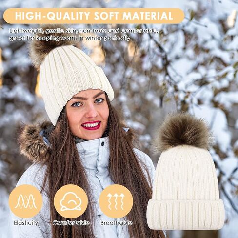 Women's Winter Knitted Beanie Hat with Faux Plush Pom Knit Hat Stretch Warm Skull Cap for Autumn and Winter in Saudi Arabia