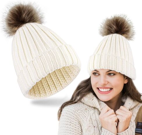 Women's Winter Knitted Beanie Hat with Faux Plush Pom Knit Hat Stretch Warm Skull Cap for Autumn and Winter in Saudi Arabia