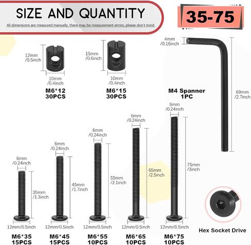 Hilitchi M6 120Pcs Black Hex Socket Head Screws Bolts Barrel Nuts Hardware Assortment Kit for Crib Baby Bed Furniture Cots and Chairs (15mm/20mm/25mm/30mm/35mm-Assortment Kit) in Saudi Arabia