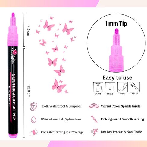 24 Colors Glitter Paint Pens Paint Markers, for Rock Painting, Wood, Canvas, Ceramic, Shoes, Fabric, Scrapbooking, DIY Craft Making, Card Making, Acrylic Glitter Markers for craft Supplies in Saudi Arabia