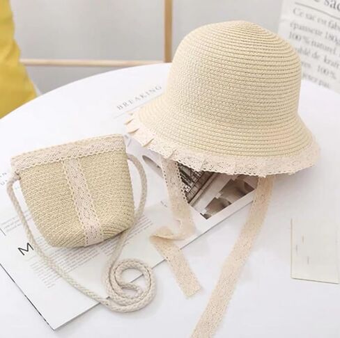 Kids Sun Hat Girls Lace Straw Hat Bucket Cap with Mini Cross Body Straw Bag Summer Beach Straw Hat Outdoor Travel in Kuwait