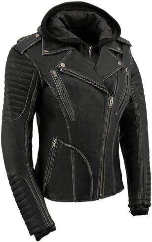 Milwaukee Leather MLL2516 Black Leather Rub-Off Leather Jacket with Hoodie for Women in Saudi Arabia