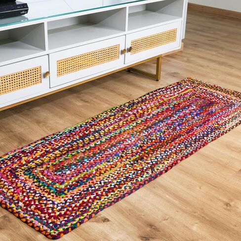 RAJRANG Reversible Chindi Rag Rug 2x3 ft Cotton Handmade Braided Mat Multicolor Boho Accent Area Rugs in Saudi Arabia