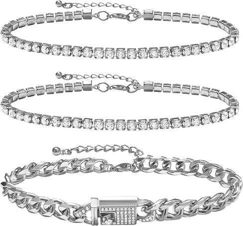 3Pcs Cuban Link Anklets for Women - Ankle Bracelets for Women, Gold Anklets for Women, Summer Jewelry Beach Anklet for Women, Cuban Link Anklet, Diamond Anklet for Women Waterproof, Adjustable Layered in Saudi Arabia