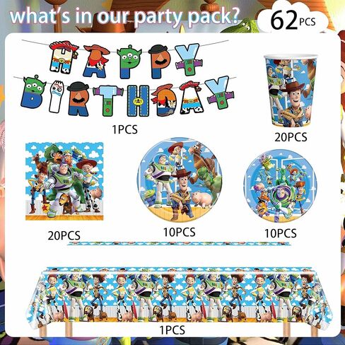 60PCS Toy Birthday Party Supplies - Disposable Story Paper Cake Plates Napkins and Cups Party Decorations for Boys Girl Birthday Decor, Serves 20 Guests in Kuwait