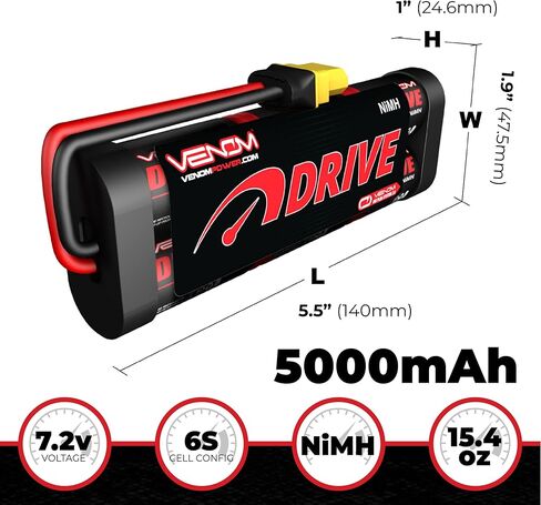 سلسلة Venom Drive 6S - بطارية NiMH بقدرة 5000 مللي أمبير في الساعة 7.2 فولت - قابس عالمي 2.0، 6 خلايا من النيكل ميتال هيدريد - موصل سيليكون ومتوافق مع تراكساس، دينز، HXT، 2WD، 4WD، الشاحنات والعربات in Kuwait