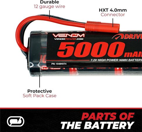 سلسلة Venom Drive 6S - بطارية NiMH بقدرة 5000 مللي أمبير في الساعة 7.2 فولت - قابس عالمي 2.0، 6 خلايا من النيكل ميتال هيدريد - موصل سيليكون ومتوافق مع تراكساس، دينز، HXT، 2WD، 4WD، الشاحنات والعربات in Kuwait