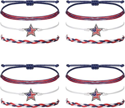 Junkin 4 Sets 4th of July Bracelets Independence Day Party Favors Red White Blue Bracelets Bit Charm Handmade String Bangle Patriotic Jewelry Party Supplies Gifts for Teen Christmas Gift New Year 2024 in Saudi Arabia