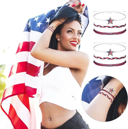 Junkin 4 Sets 4th of July Bracelets Independence Day Party Favors Red White Blue Bracelets Bit Charm Handmade String Bangle Patriotic Jewelry Party Supplies Gifts for Teen Christmas Gift New Year 2024 in Saudi Arabia