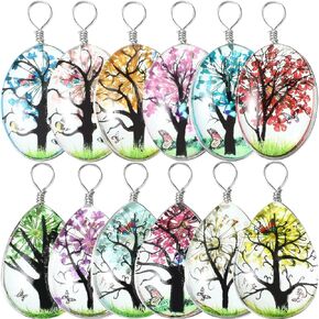 12 Pieces Dried Flower Tree Pendant Charms Resin Dried Pressed Flower Pendant Water Drop Glass Beads Lacework Floating Ornament Mixed Color for Making Jewelry Craft DIY Necklace, 0.7 x 1 x 0.3 Inch