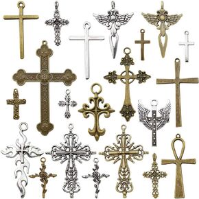 Youdiyla 100g Big Cross Pendants Collection - Antique Bronze Silver Sword Holy Angel Jesus Peace Cross Crucifix Metal Charms for Jewelry Making DIY Findings (HM23)