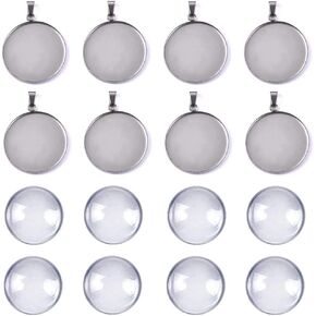 DROLE Bezel Pendant Blanks Settings-Stainless Steel Pendant Trays Round Bezel with Glass Cabochons Clear Dome,Pendant Blanks for Photo Pendant Craft Jewelry Making