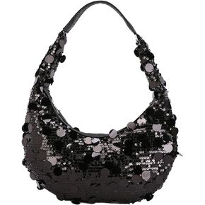 Women Hobo Handbags Sparkly Sequins Underarm Bag Y2k Shiny Evening Clutch PU Leather Crescent Moon Underarm Bag