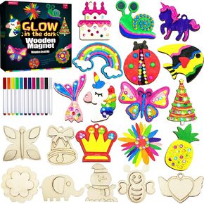 Wooden Magnets Painting Kit - Glow in The Dark - Arts & Crafts Supplies Painting Kit for Kids 6-8 8-12 - Family Crafts and Birthday Christmas Activities, Party Favors for Boys Girls Ages 4 5 6 7 8 9