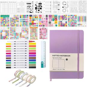 Bullet Dotted Journal Kit, 160 Pages A5 Notebook, 10 Stencils 14 Stickers Journaling Supplies Set with Accessories, Washi Tape and Cute Ruler, Pink