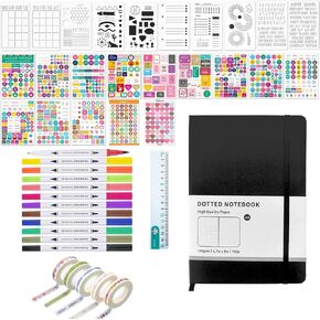مجموعة دفتر يوميات Bullet Dotted Journal، 160 صفحة A5، 10 استنسل و14 ملصقًا مجموعة لوازم يومية مع ملحقات وشريط واشي ومسطرة لطيفة، وردي