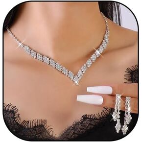 HUJUON Shiny Rhinestone Long Tassel Dangle Earrings Necklace Set Cubic Zirconia Drop Earrings Clavicle Necklace Wedding Bride Jewelry for Women Girls