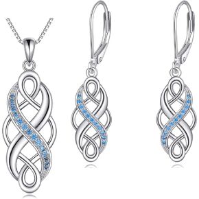 YFN Celtic Earrings Necklace Jewelry Set for women Sterling Silver Blue Cz Birthstone Necklace Irish Celtic Knot Jewelry for Women Men