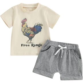 2Pcs Baby Boy Summer Outfits Free Range Chicken Print Short Sleeve T-Shirt Shorts Set Toddler Boy Farm Clothes