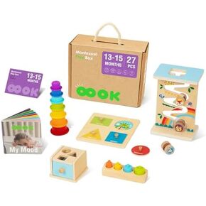 Montessori Toys for Babies 0-6 Months, All-in-1 Newborn Toys with Baby Tissue Box Toy, Spinning Drum, Sensory Balls with Storage Basket, Cloth Book and Elephant Teether.