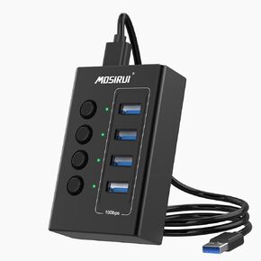 Powered USB 3.2 Hub 10Gbps, 10-Ports USB Hub with 7×USB 3.2 Ports, 3×Fast Charging Ports, 36W Power Adapter, Individual On/Off Switches and 2 USB Cable 3.3ft, Aluminum USB Hub Powered for Laptops, PC