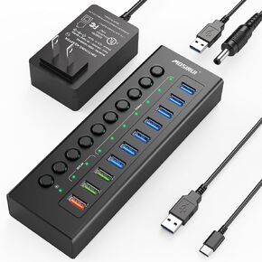 Powered USB 3.2 Hub 10Gbps, 10-Ports USB Hub with 7×USB 3.2 Ports, 3×Fast Charging Ports, 36W Power Adapter, Individual On/Off Switches and 2 USB Cable 3.3ft, Aluminum USB Hub Powered for Laptops, PC in Saudi Arabia