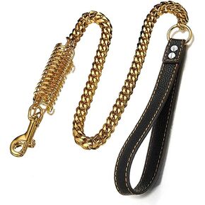 Gold Dog Chain Leash 15mm Cuban Link Chain Leash with Strong Buffer Spring No-Pull Labor-Saving Genuine Leather Handle Leash for Large Dogs 2ft/3ft/4ft(15mm,2ft)