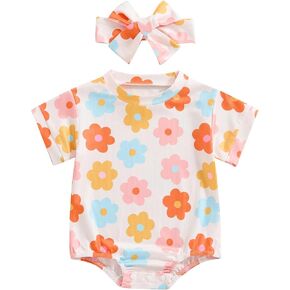 DuAnyozu Newborn Baby Girls Clothes Floral Short Sleeve Rompers Summer Bodysuit Cute Outfits Infant Clothing with Headband