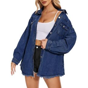 Women’s Oversized Button Up Denim Long Boyfriend Distresse Jean Jacket Frayed Hem Shacket
