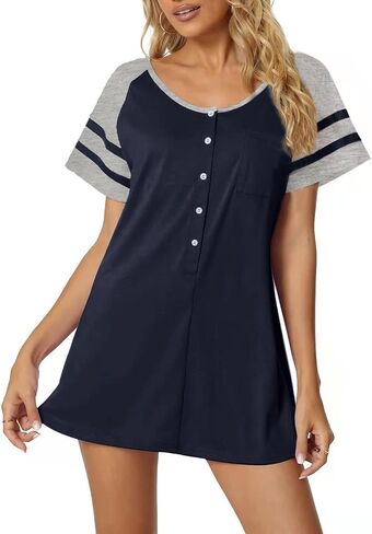 Tugege Women's Nightgown Stripe Short Sleeve Sleepshirts Loose Comfy Sleep Shirts Button Down Pajama Sleepwear in Saudi Arabia