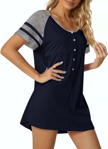 Tugege Women's Nightgown Stripe Short Sleeve Sleepshirts Loose Comfy Sleep Shirts Button Down Pajama Sleepwear in Saudi Arabia