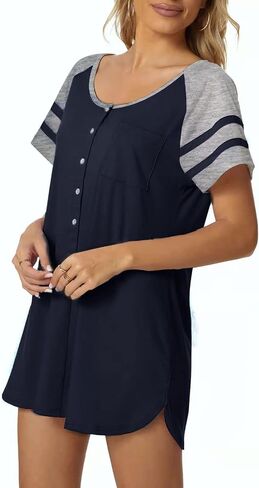 Tugege Women's Nightgown Stripe Short Sleeve Sleepshirts Loose Comfy Sleep Shirts Button Down Pajama Sleepwear in Saudi Arabia