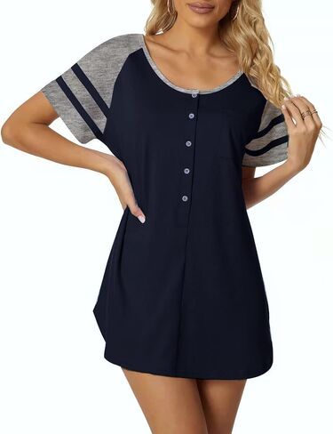 Tugege Women's Nightgown Stripe Short Sleeve Sleepshirts Loose Comfy Sleep Shirts Button Down Pajama Sleepwear in Saudi Arabia