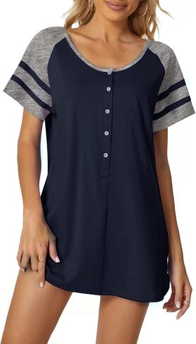 Tugege Women's Nightgown Stripe Short Sleeve Sleepshirts Loose Comfy Sleep Shirts Button Down Pajama Sleepwear in Saudi Arabia