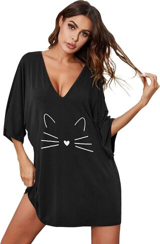 Ekouaer Womens Sleepshirt Short Sleeve Nightgown Loose Modal Pajamas Oversized Sleepwear Soft Batwing Nightshirt Black Cat Print XX-Large in Saudi Arabia