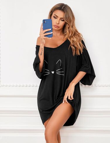 Ekouaer Womens Sleepshirt Short Sleeve Nightgown Loose Modal Pajamas Oversized Sleepwear Soft Batwing Nightshirt Black Cat Print XX-Large in Saudi Arabia