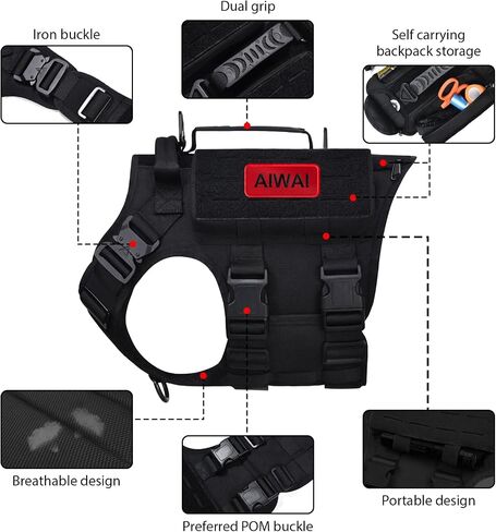 Tactical Dog Harness with Handle for Large Dogs,2X Metal Buckle, Dog MOLLE Vest with Pockets,No Pull Adjustable Pet Harness, Easy Control Dog Vest Harness for Working Training (Black, Medium) in Saudi Arabia