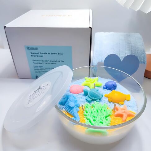 Sibinsy Scented White Candles Blue Beach Ocean Candle Towel Gift Set Beeswax Soy Candles NW 14OZ New Home Gift Ideas Teacher Thank You Gifts Coworker Goodbye Gifts in Saudi Arabia