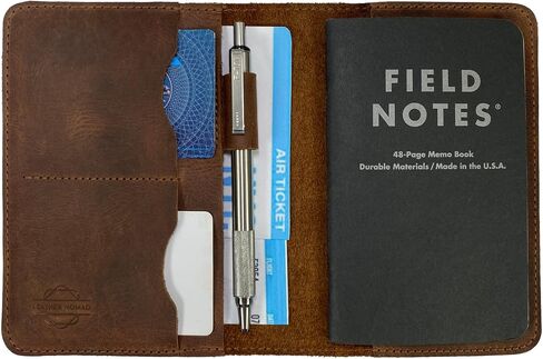 Leather Nomad, Field Notes Cover (3.5 x 5.5 in.) with Card Slots (Notebook Not Included) Refillable Protective Storage for Journal, Full Grain Leather, Handmade, Bourbon Brown in Saudi Arabia