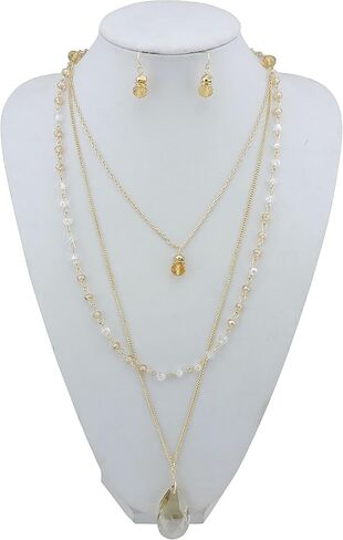 Bocar 3 Layer Jewelry Set Long Chain Pendant Bead Necklace Earring for Women in Saudi Arabia